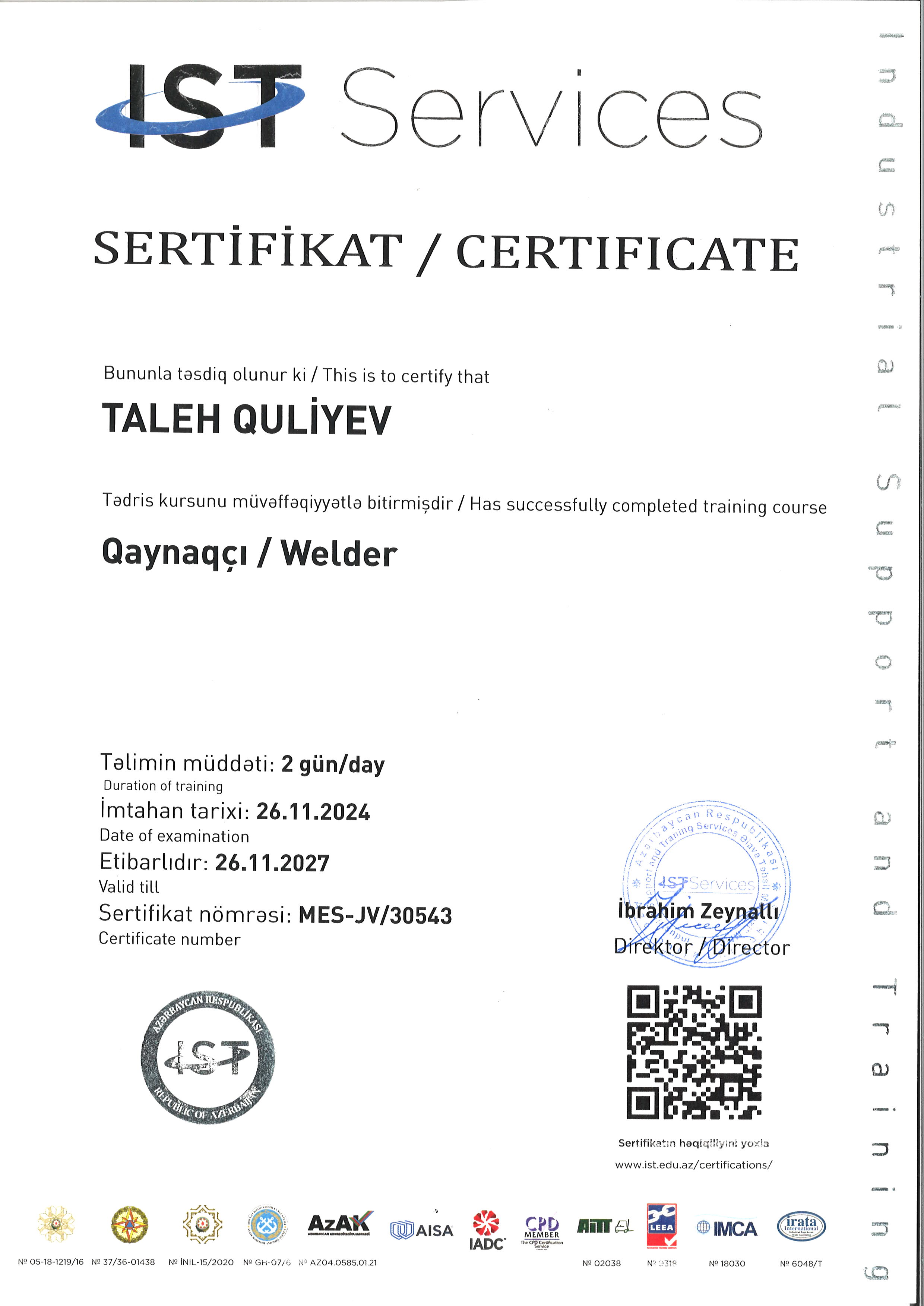 Müəssisəmizin qaynaqçıları, Ruslan Zülfüqarov, Taleh Quliyev,  Kamil Nəbiyev  imtahandan uğurla keçərək “Qaynaqçı Sertifikatları”nı əldə etdilər. Təbrik edirik !!!